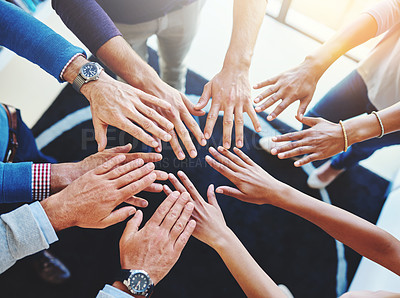 Buy stock photo Business staff, hands together and office worker group with support, motivation and solidarity goal. Above, hand in and success of teamwork and people with workplace community and achievement