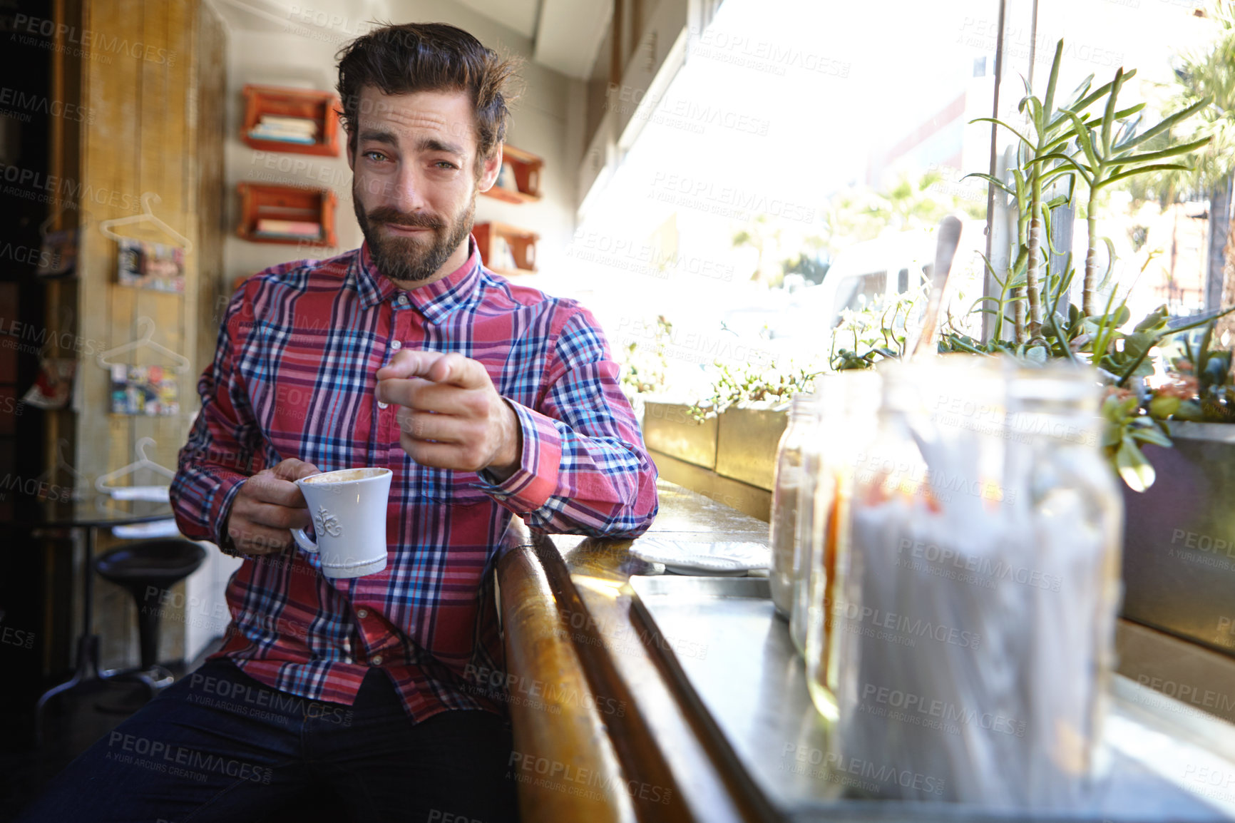 Buy stock photo Man, portrait and pointing to you with coffee for morning beverage, choice or selection in cafe. Male person, freelancer or customer with decision, cup or mug for caffeine drink at indoor restaurant