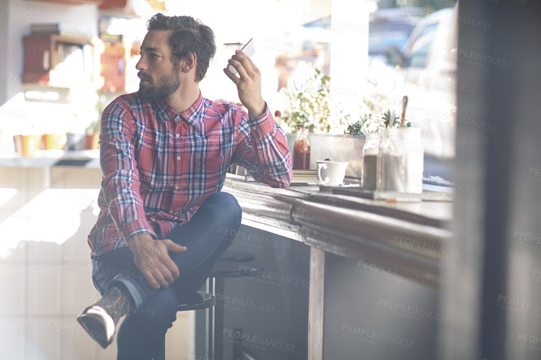 Buy stock photo Phone, freelancer and voice note with man in cafe for virtual advisor, networking and startup. Small business agent, connection and remote worker with person and tech in coffee shop for project