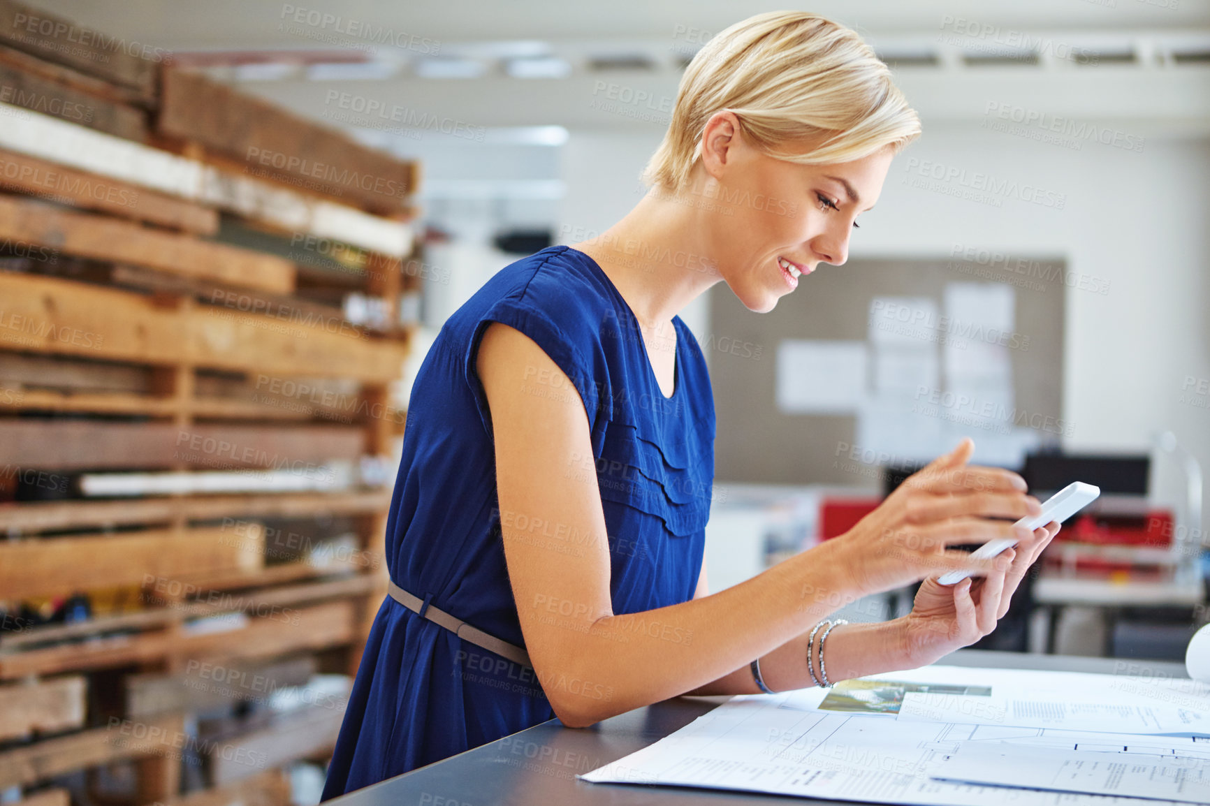 Buy stock photo Creative, research and woman with tablet, office or design for architecture, browsing and paperwork. Review, blueprints and planning for project with tech, architect and scroll on website and online
