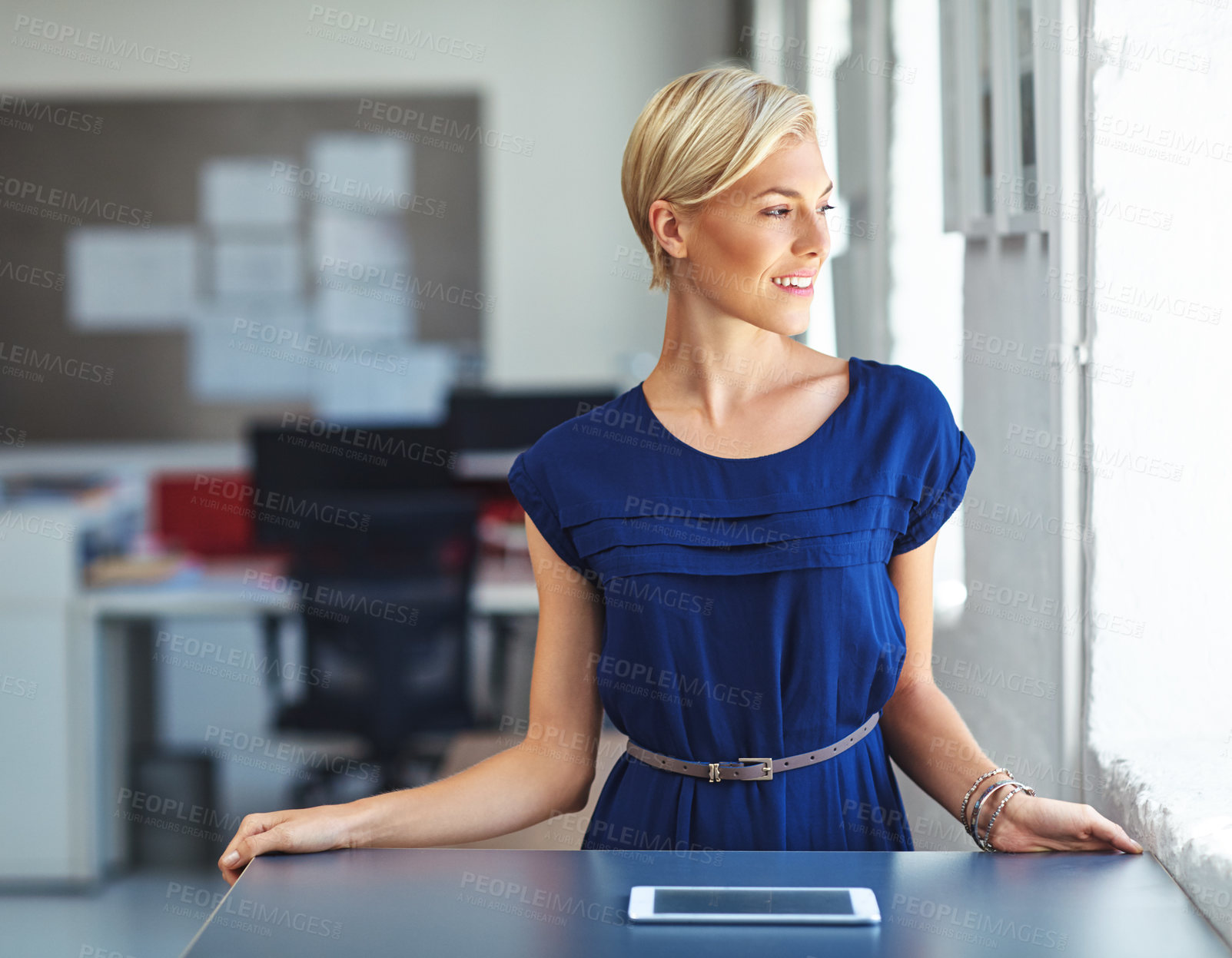 Buy stock photo Reflection, smile or woman in office with tablet, article insight and approval of news story pitch. Thinking, space and journalist in agency with tech, blog inspiration or good review on media report