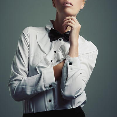 Buy stock photo Woman, studio and elegant bowtie for fashion, grey background and isolated female person in waiter clothes for job. Trendy, designer shirt with copy space for stylish model, professional adult