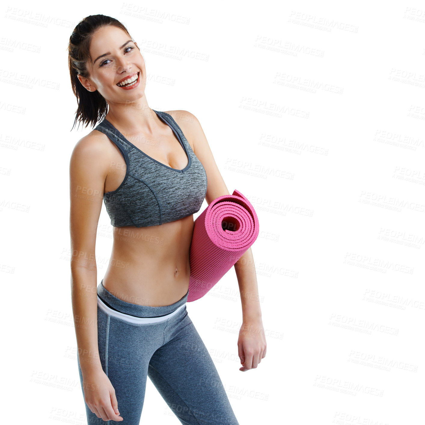Buy stock photo Woman, portrait and yoga mat in studio for health training on white background for pilates, fitness or mockup. Female person, face and smile for weight loss confidence or athlete, sport or exercise