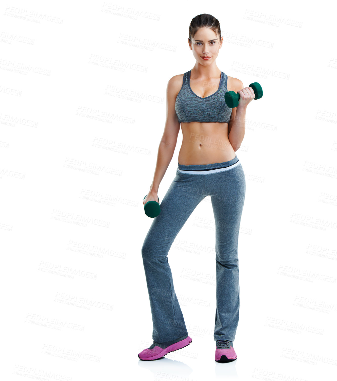 Buy stock photo Woman, portrait and dumbbell training in studio for bicep workout or weightlifting, mockup or white background. Female person, equipment and muscle routine for weight loss health, strength or fitness