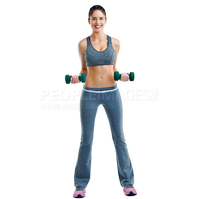 Buy stock photo Studio shot of a fit young woman working out with dumbbells isolated on white