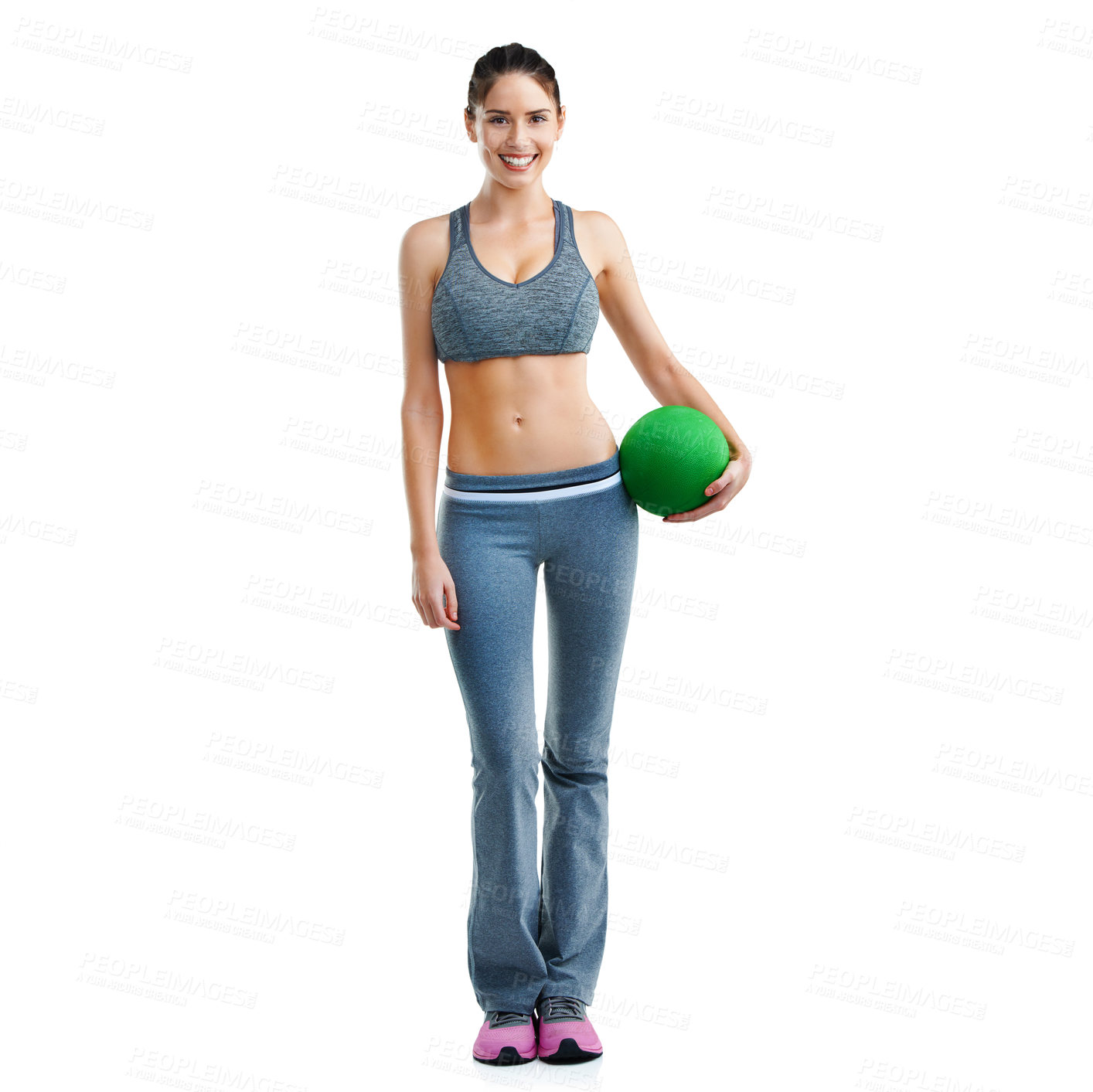 Buy stock photo Fitness, ball and portrait of woman in studio for health, wellness and weightloss exercise. Smile, sports and female athlete with workout equipment for body training isolated by white background.