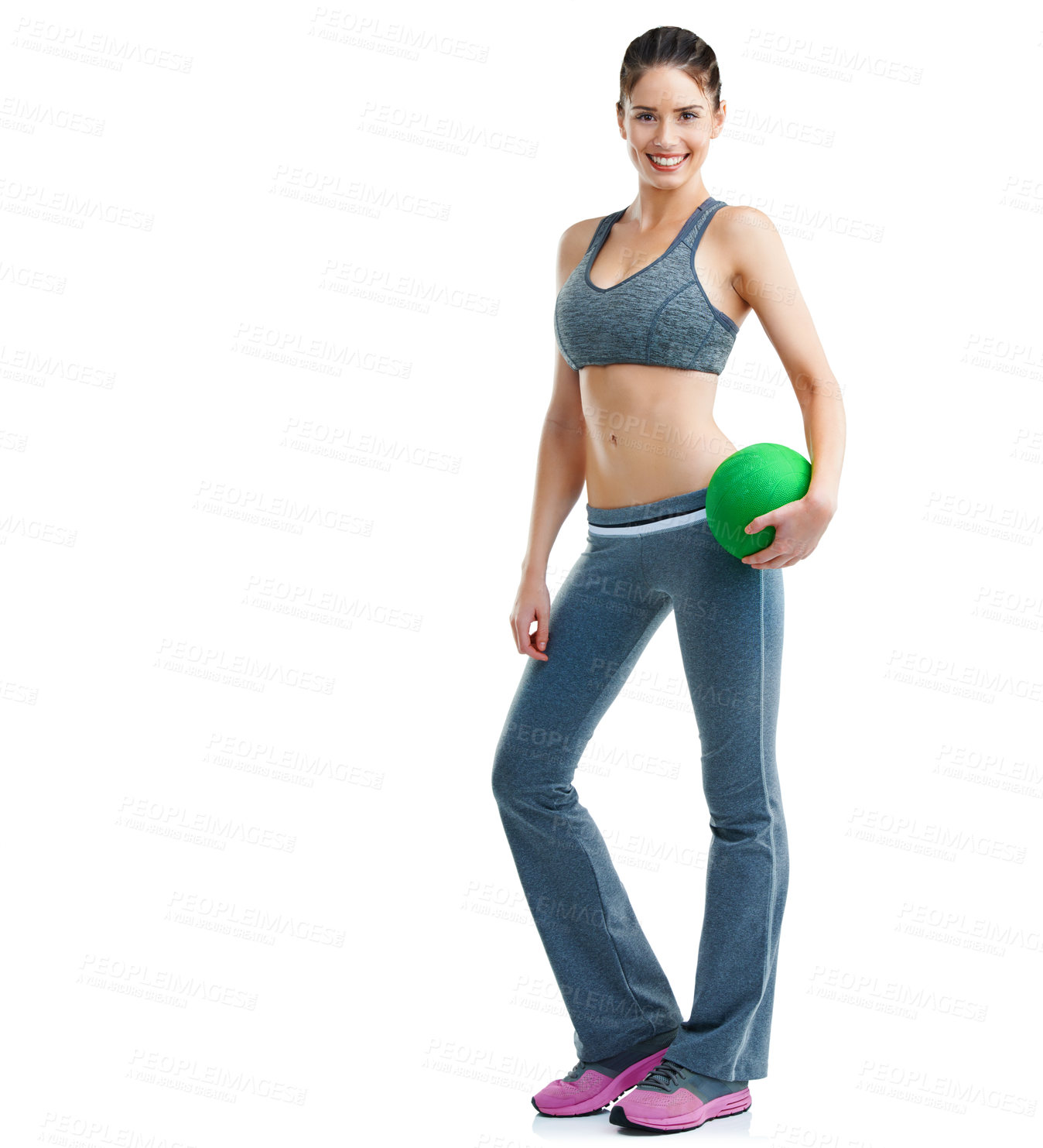 Buy stock photo Sports, ball and portrait of woman in studio for health, wellness and weightloss exercise. Smile, fitness and female athlete with workout equipment for body training isolated by white background.