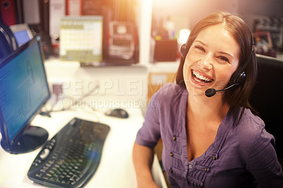 Buy stock photo Call center portrait, happiness and business woman for startup telemarketing, e commerce or tech support. Help desk customer care, lens flare and laughing communication consultant for lead generation