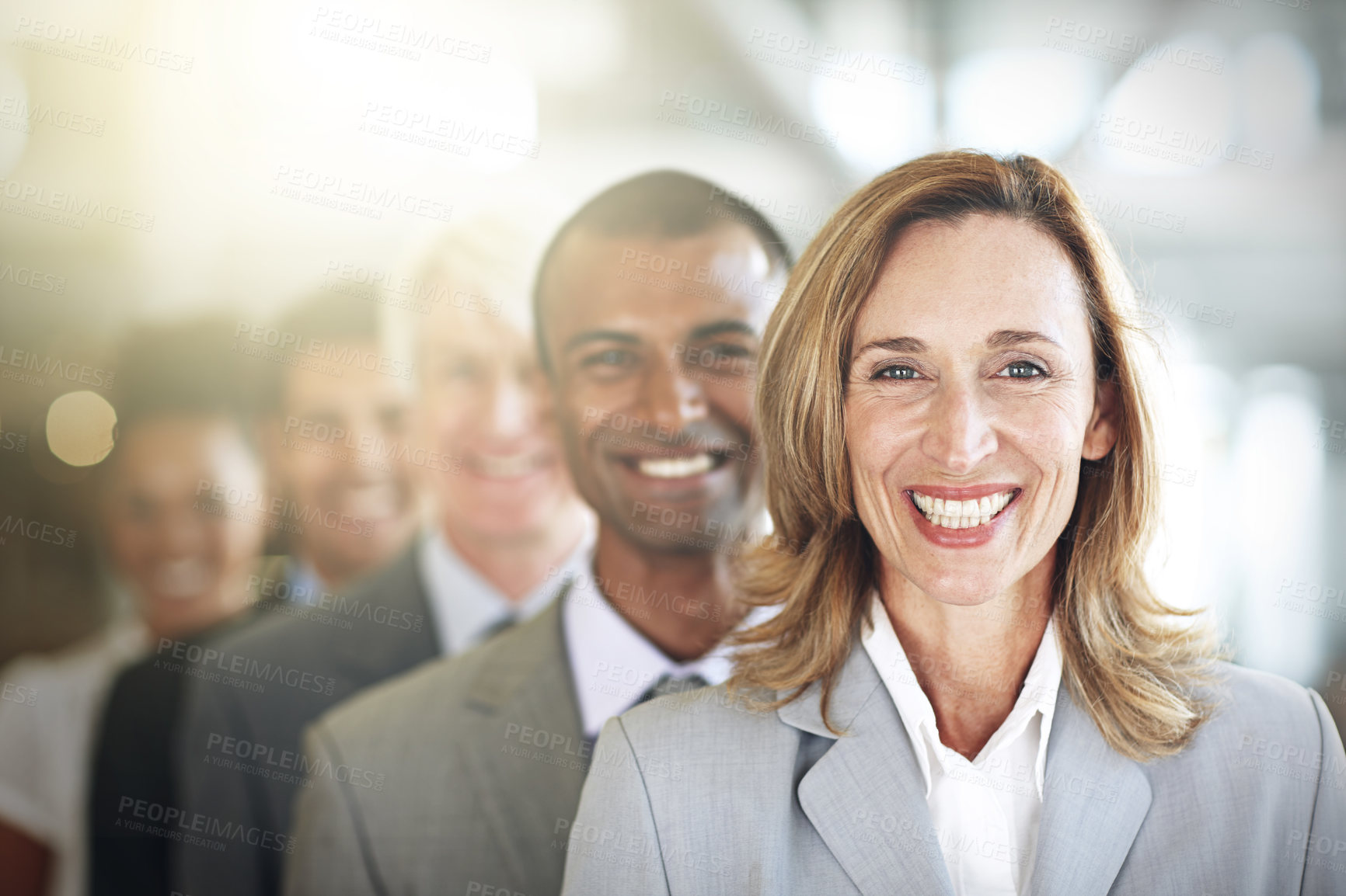Buy stock photo Happy business woman, portrait and team in leadership, management or diversity at the office. Face of corporate executive or diverse group smiling for teamwork, unity or company vision at workplace
