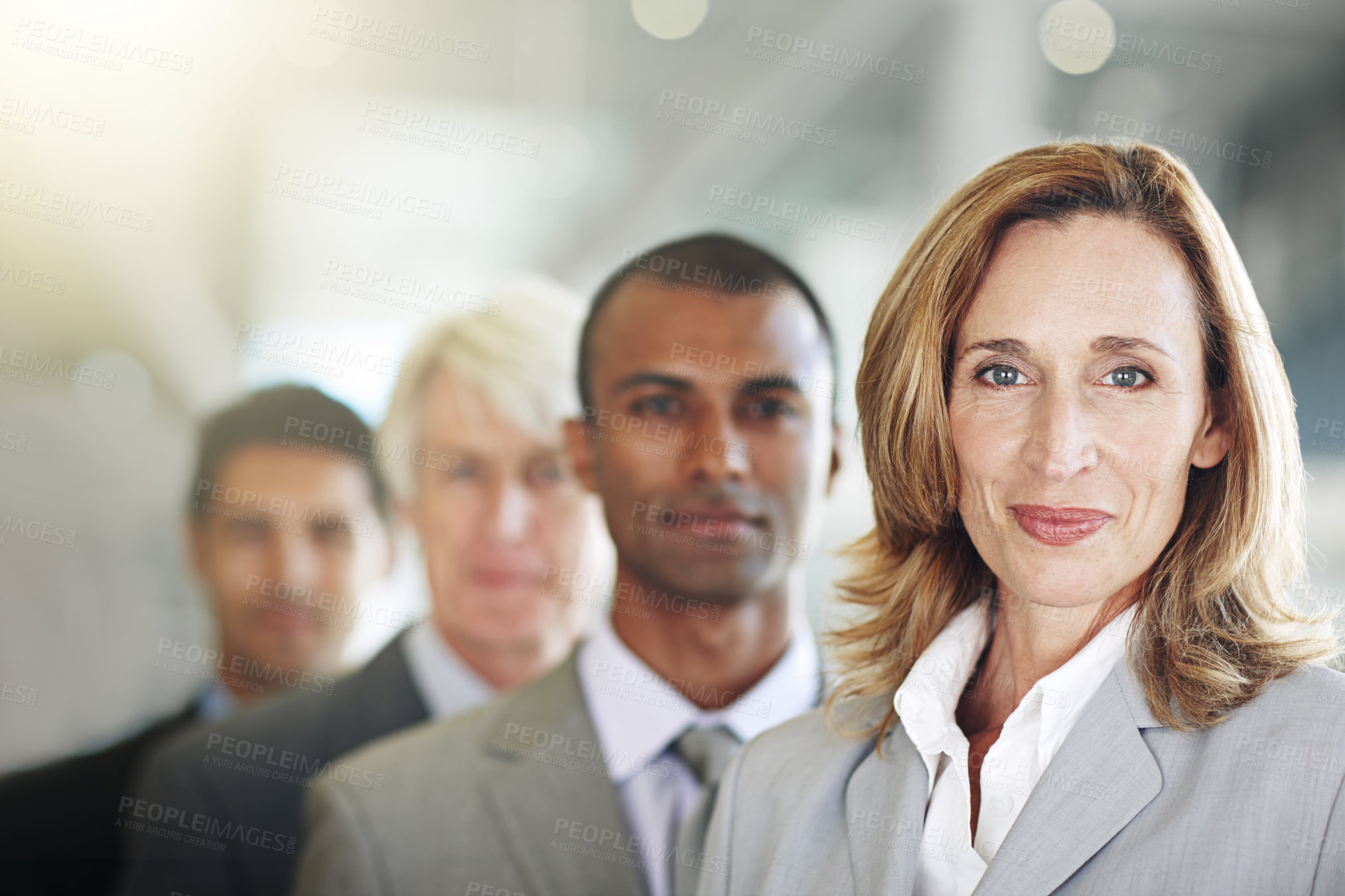 Buy stock photo Business woman, portrait and face in leadership, management or diversity at the office. Confident corporate female executive, team or diverse group in teamwork, unity or company vision at workplace