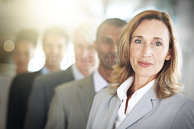 Buy stock photo Business woman, portrait and team in leadership, management or diversity at the office. Face of confident corporate female executive or diverse group in teamwork, unity or company vision at workplace