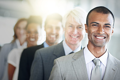 Buy stock photo Cropped portrait of a group of diverse businesspeople standing in a line