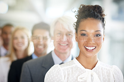 Buy stock photo Happy business woman, portrait and team in management, leadership or diversity at the office. Face of corporate female with diverse group smiling for teamwork, unity or company vision at workplace