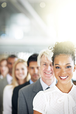 Buy stock photo Cropped portrait of a group of diverse businesspeople standing in a line