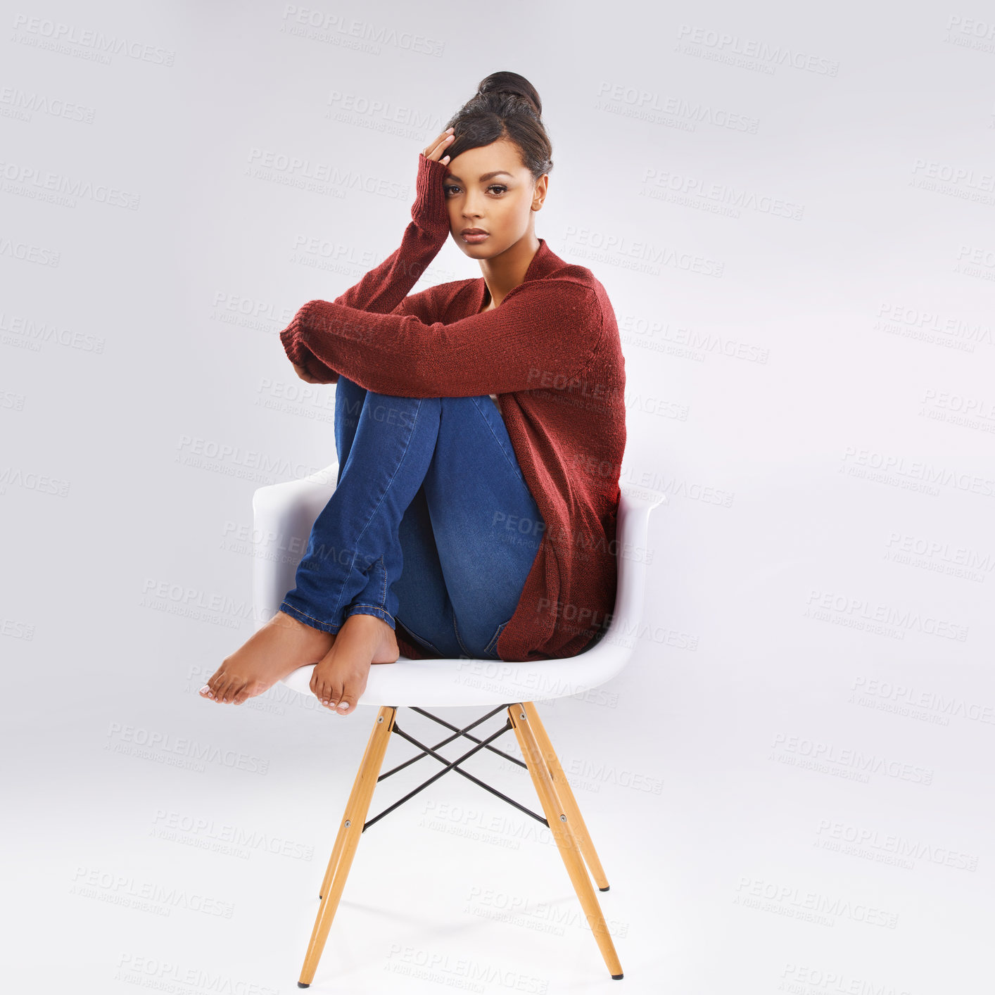 Buy stock photo Style, chair and portrait of woman in studio with casual, trendy and cool outfit for winter. Serious, confident and female person from Colombia with fashion for cold season by white background mockup