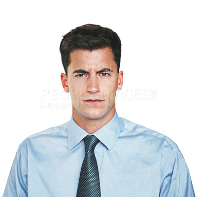 Buy stock photo Studio portrait of a young businessman frowning against a white background