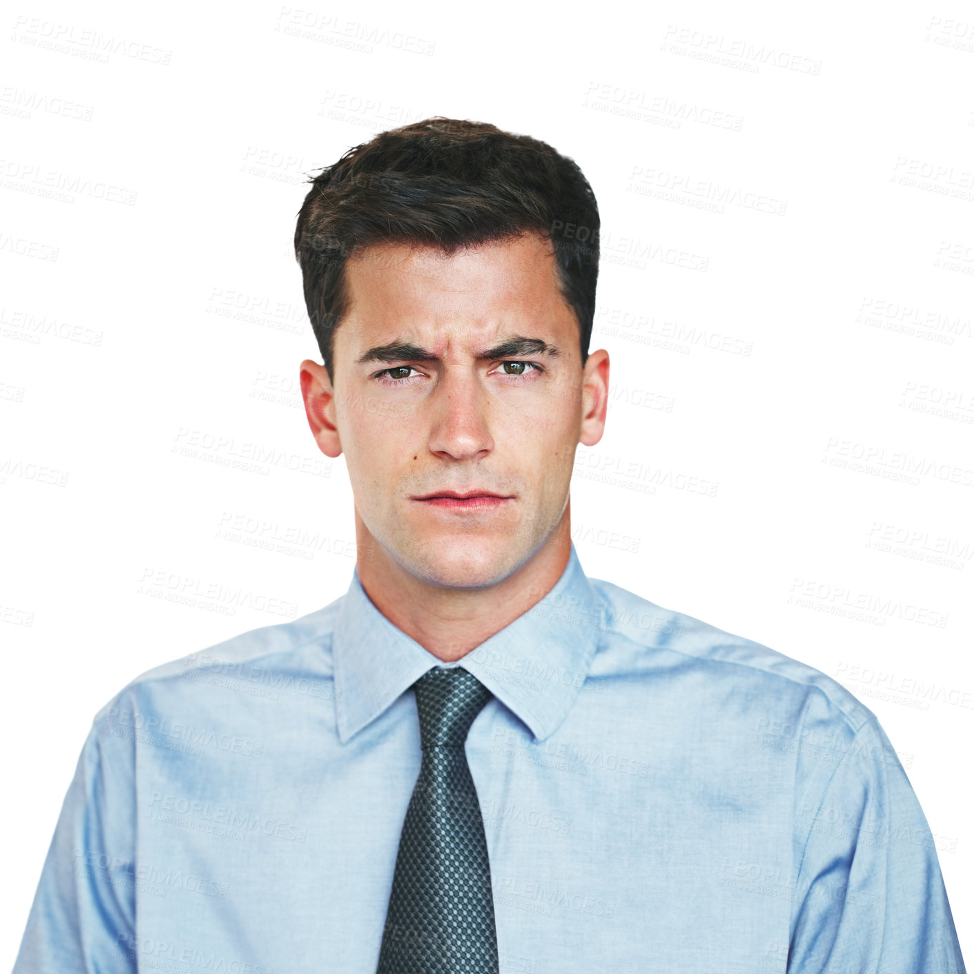 Buy stock photo Studio portrait of a young businessman frowning against a white background