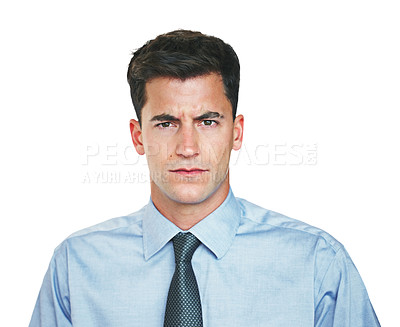 Buy stock photo Studio portrait of a young businessman frowning against a white background