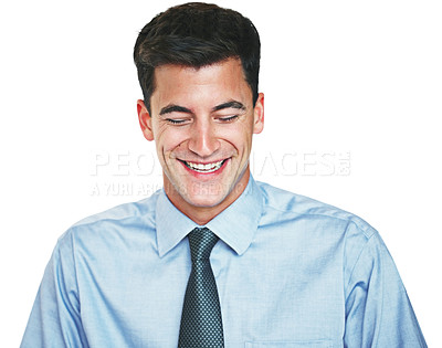 Buy stock photo Studio shot of a young businessman laughing against a white background