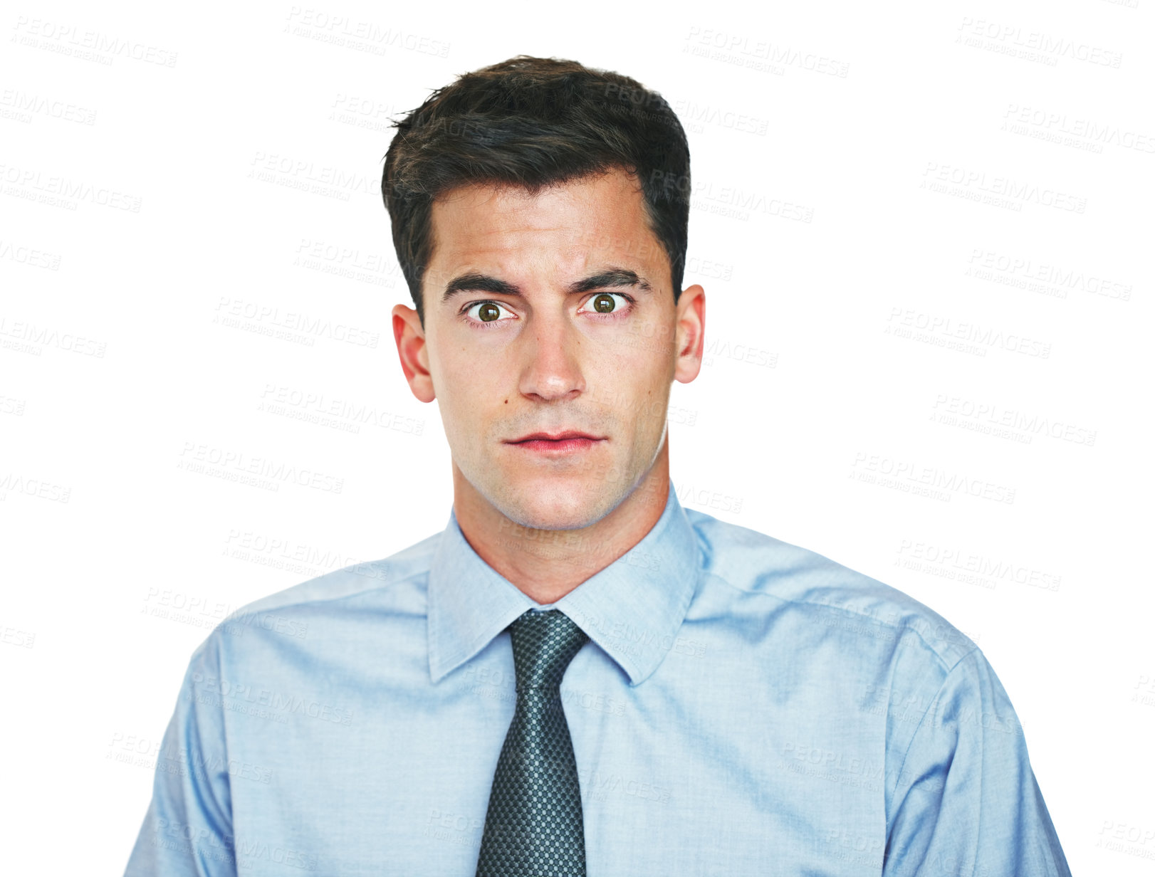 Buy stock photo Studio portrait of a young businessman looking shocked against a white background