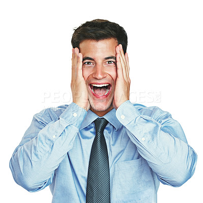 Buy stock photo Studio portrait of a young businessman looking surprised against a white background