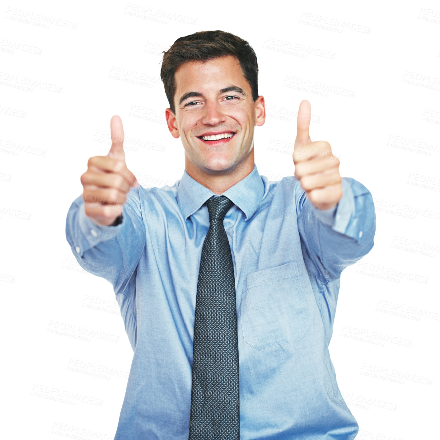 Buy stock photo Happy, thumbs up and portrait of business man in studio for escrow approval, winner and realtor achievement. Success, agreement and property goal with person on white background and hand gesture