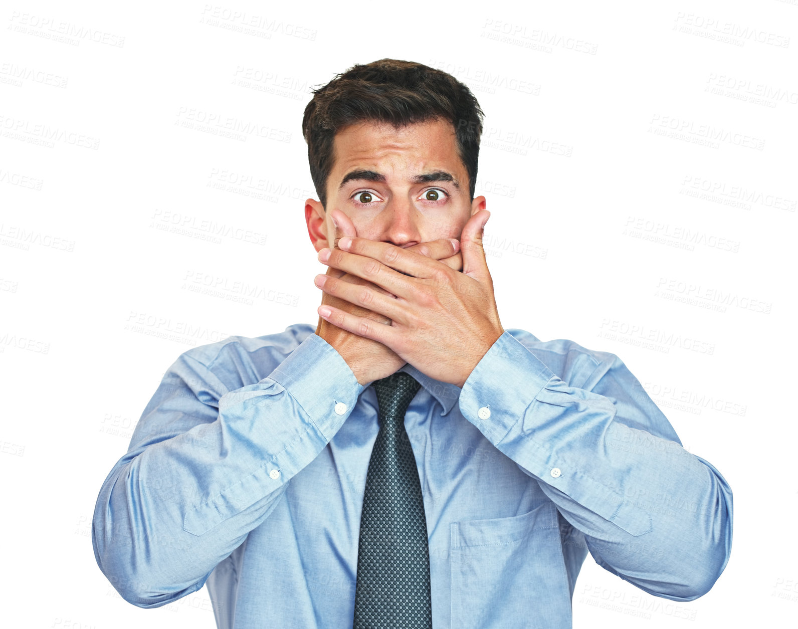 Buy stock photo Studio portrait of a young businessman covering his mouth against a white background