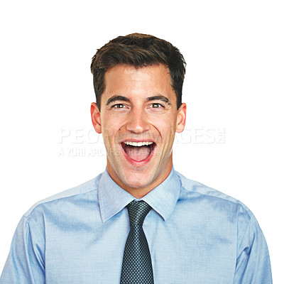 Buy stock photo Studio portrait of a young businessman looking surprised against a white background