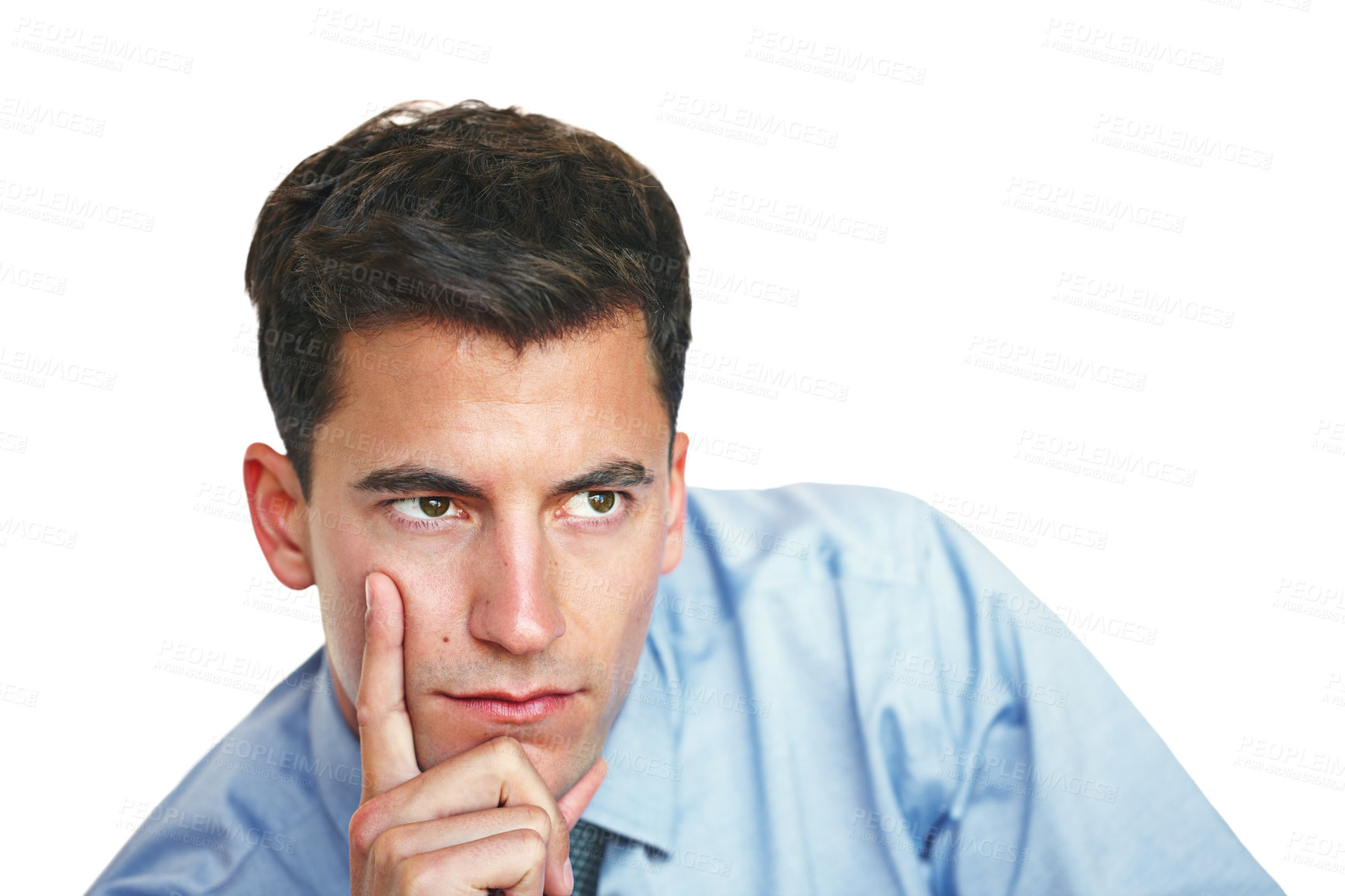 Buy stock photo Studio shot of a young businessman looking thoughtful against a white background