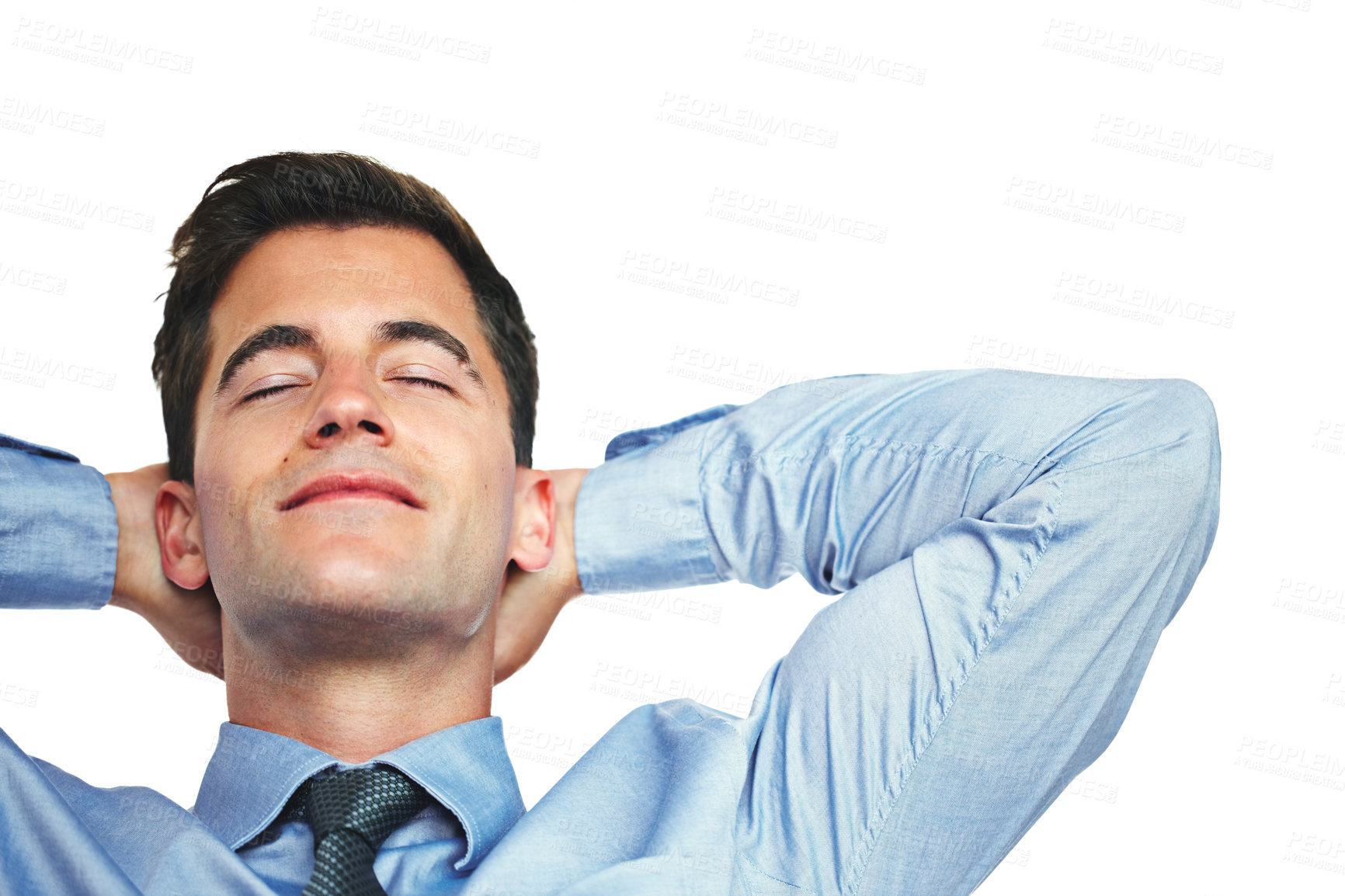 Buy stock photo Studio shot of a young businessman with his hands behind his head isolated on white