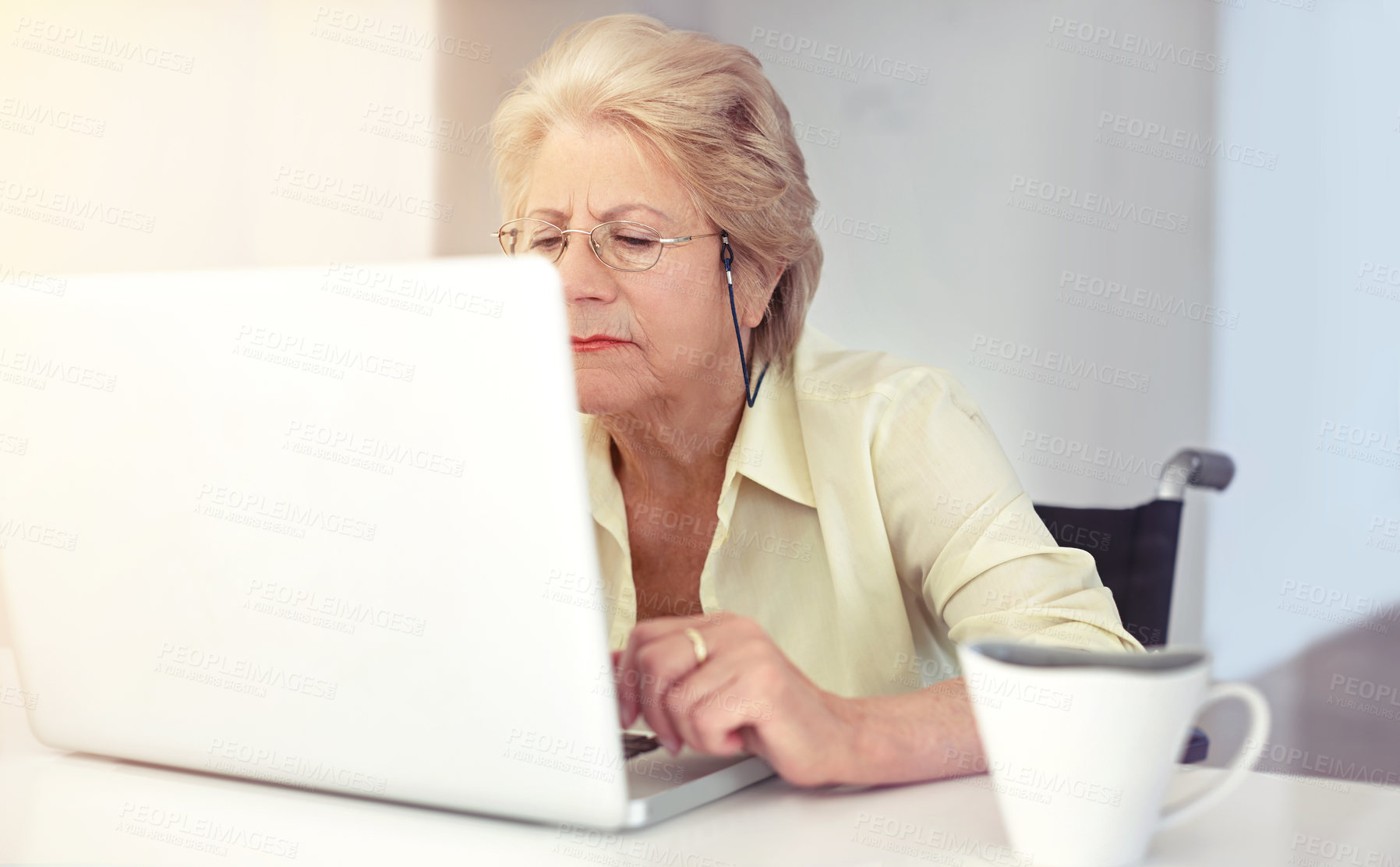 Buy stock photo Wheelchair, senior woman and laptop in home for social security app, pension funds and research. Retirement planning, elderly person and tech for disability insurance, policy review or online banking