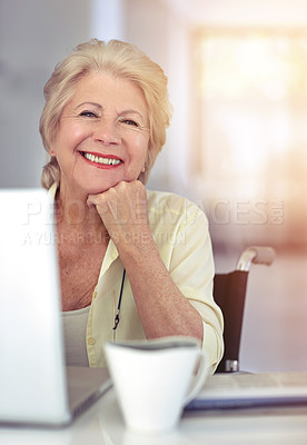 Buy stock photo Portrait of a senior woman sitting with her laptop at home