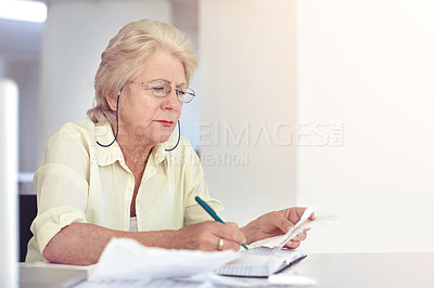 Buy stock photo Retirement, senior woman and planning budget on paperwork for tax, financial documents or receipt, investment or savings. Elderly person, finance or money or papers of pension bills management mockup