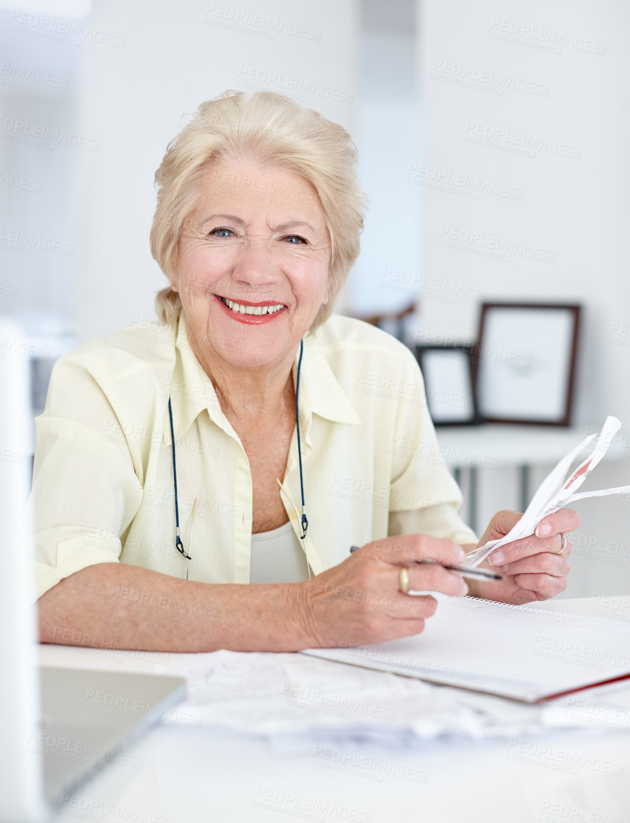 Buy stock photo Portrait, smile and old woman with budget documents, savings and taxes in home. Financial planning, face and retirement of senior female person with paper for pension, investment or finance bills.