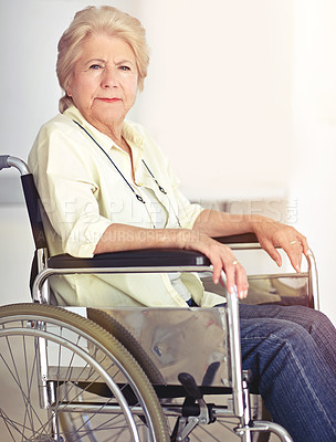 Buy stock photo Portrait of a senior woman in her wheelchair at home