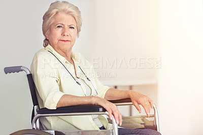 Buy stock photo Portrait of a senior woman in her wheelchair at home