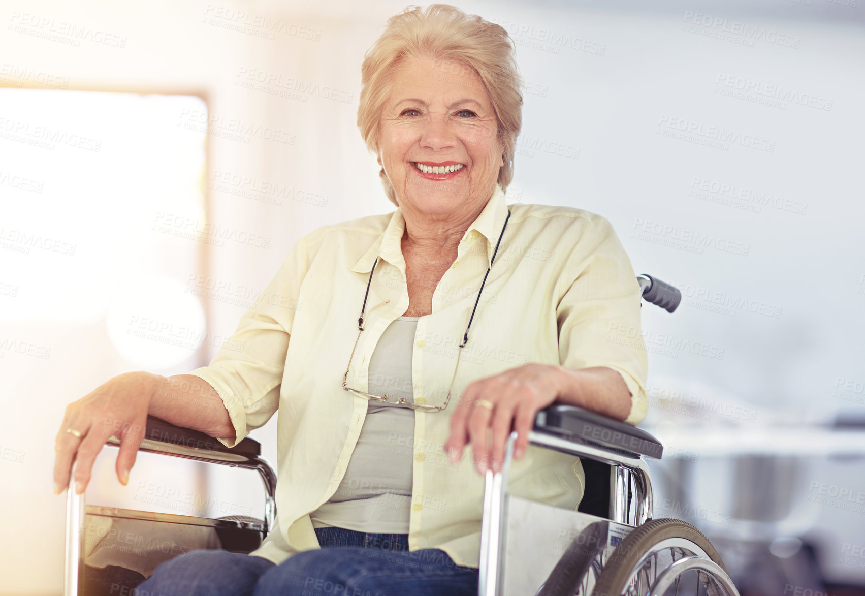 Buy stock photo Portrait of a senior woman in her wheelchair at home