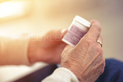 Buy stock photo Healthcare, medication and hands with bottle of pills for recover, health and wellness. Medical, medicine and closeup of senior woman with container with prescription tablets, supplements or vitamins