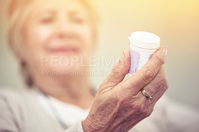 Buy stock photo Hand, medication and woman with bottle of pills for recovery and pharmaceutical healthcare. Medical, medicine and closeup of senior female person with container with prescription tablets or vitamins.