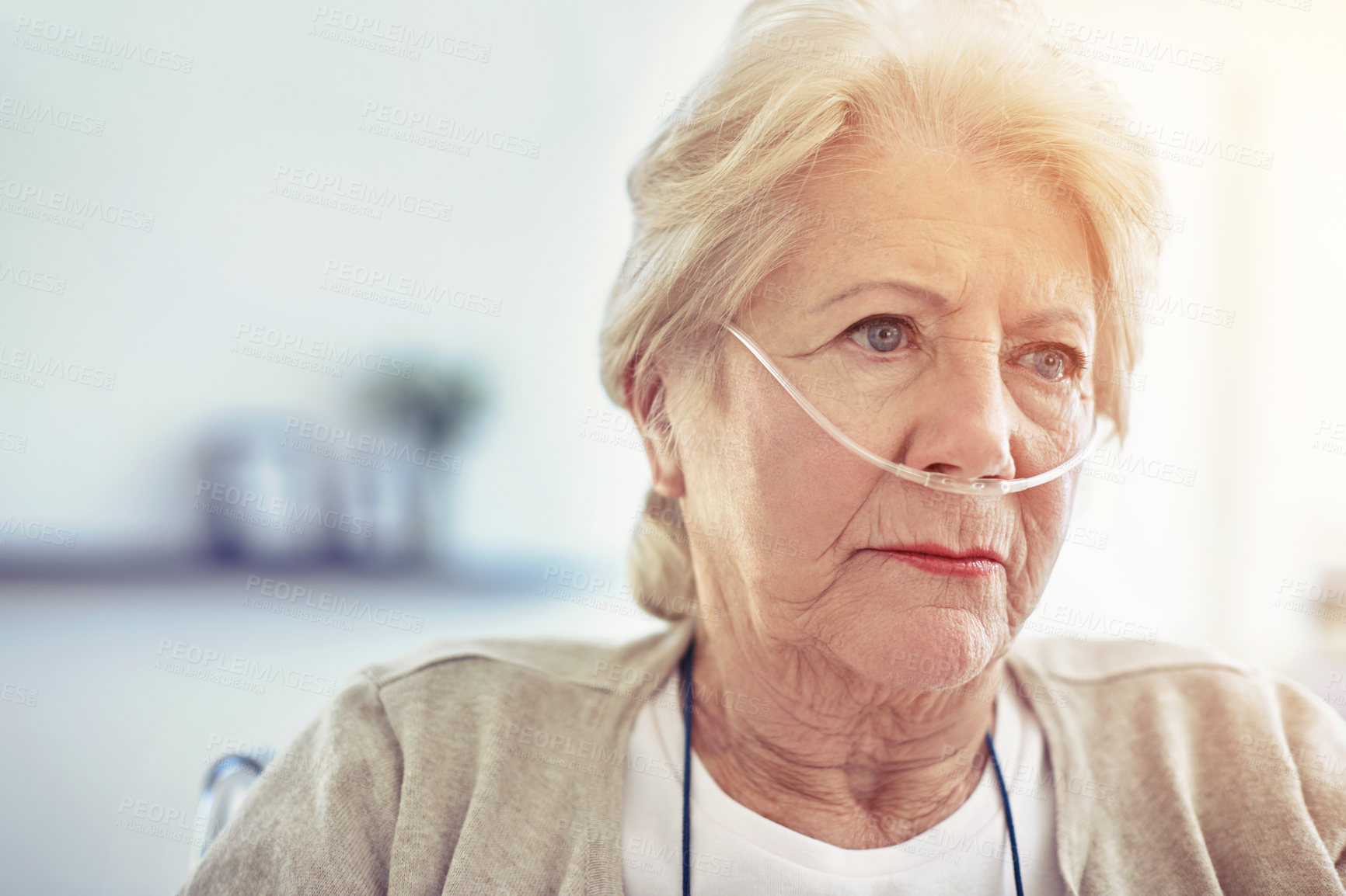 Buy stock photo Breathing, oxygen and face of elderly woman thinking of health, depression in hospital and retirement, healthcare and insurance. Senior person, sick and depressed in clinic, home or appointment 