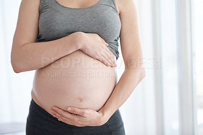 Buy stock photo Cropped shot of a pregnant woman standing in her home