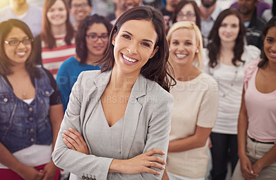 Buy stock photo Business woman, portrait and arms crossed for leadership in team, group and smile in office. Manager, employees and people with coworkers, diversity and solidarity in professional career with pride