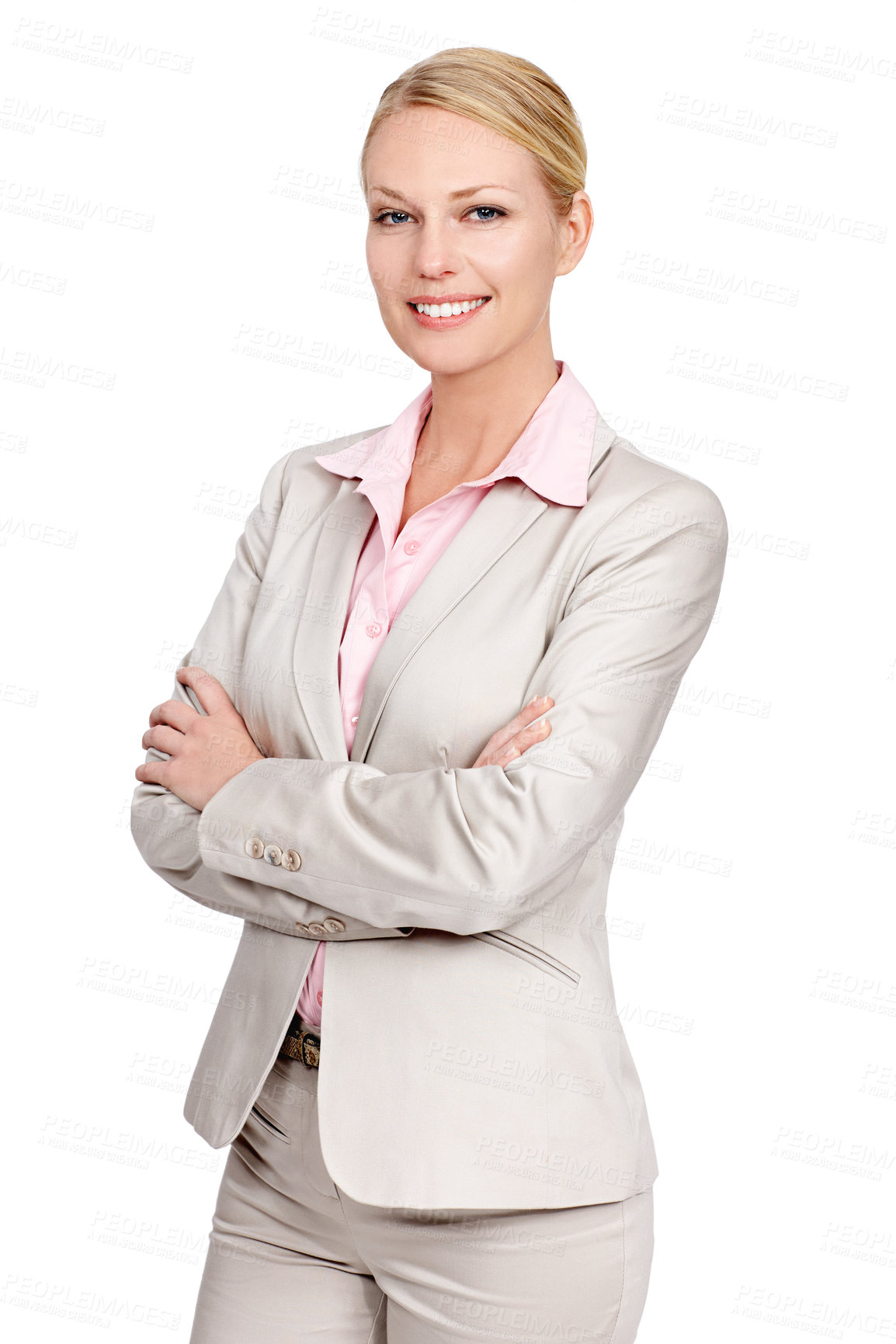 Buy stock photo Business woman, portrait and arms crossed for management, pride or career growth in studio. Happy, person and entrepreneur with smile for administration, professional and about us on white background