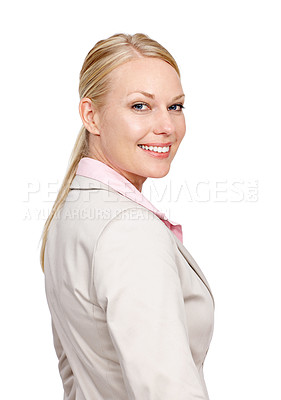 Buy stock photo Studio portrait of a businesswoman standing against a white background