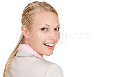 Buy stock photo Studio portrait of a businesswoman standing against a white background
