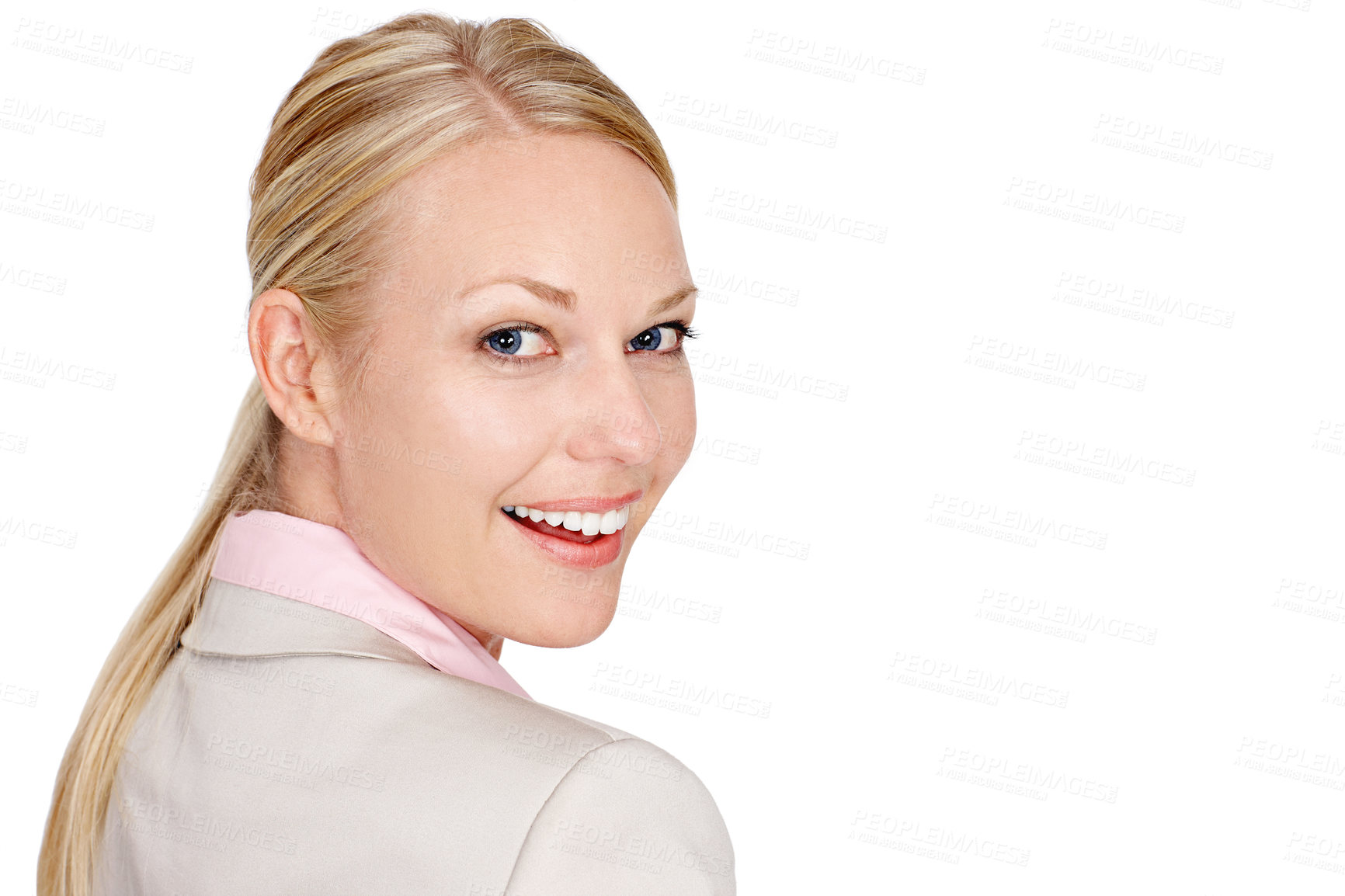 Buy stock photo Studio portrait of a businesswoman standing against a white background