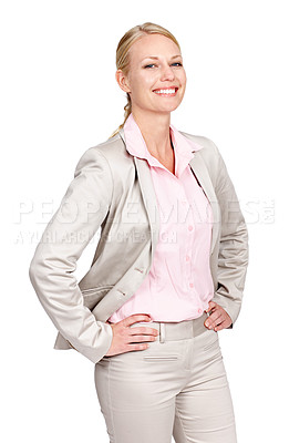 Buy stock photo Studio portrait of a businesswoman standing with her hands on her hips against a white background