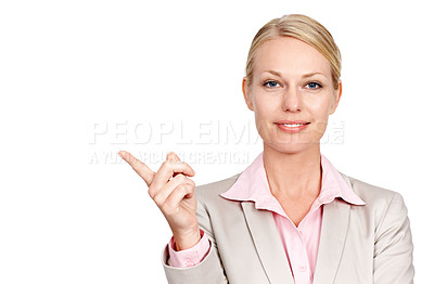 Buy stock photo Portrait, pointing and woman with mockup, business and entrepreneur isolated against white studio background. Face, female person or consultant with hand gesture, decision or opportunity with choices