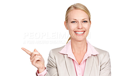 Buy stock photo Portrait, pointing and woman with mockup, employee and entrepreneur isolated against white studio background. Face, female person and consultant with hand gesture, opportunity, decision and direction