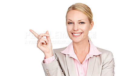 Buy stock photo Portrait, pointing and woman with a decision, business and consultant isolated against white studio background. Face, female person or employee with hand gesture, choice or opportunity with direction